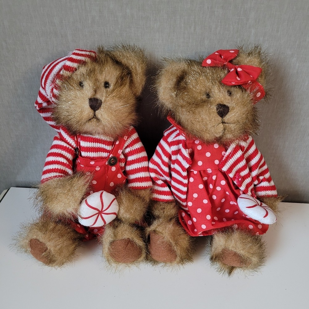 Vintage Tender Hearted Collectible Christmas Teddy Bear Plush Set Boy Girl 11"